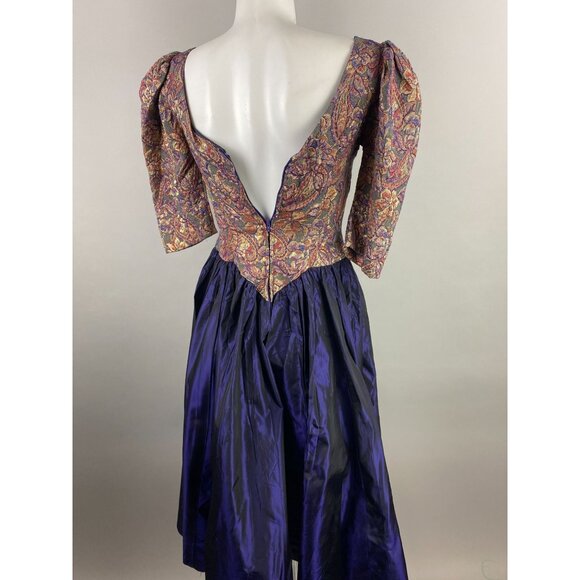 Vtg 80s Purple Gold Floral Tapestry Brocade Purple Taffeta Prom Tea Dress Glam S - Picture 6 of 6